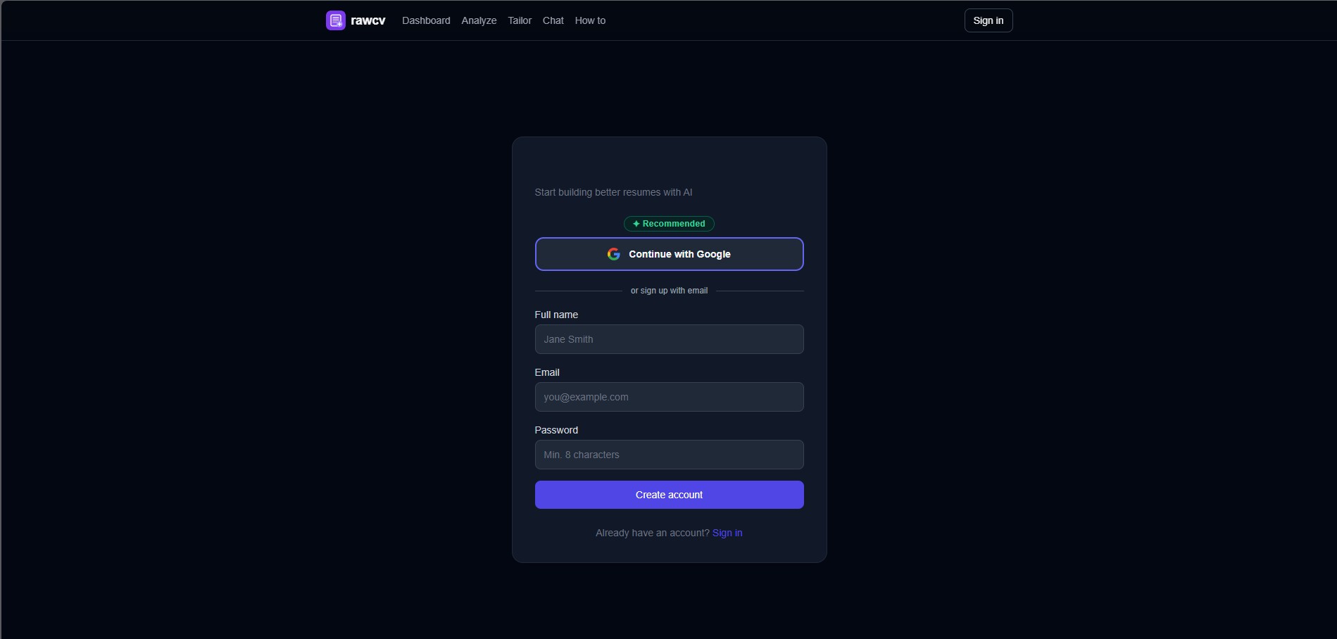 Registration page showing email and password fields with Sign up button